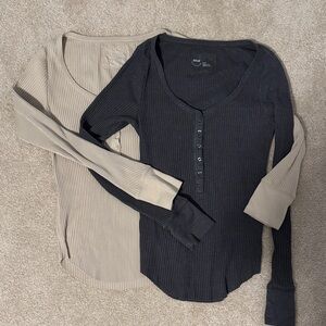 Aerie Bundle of 2 Ribbed Henley Tops - Charcoal & Tan